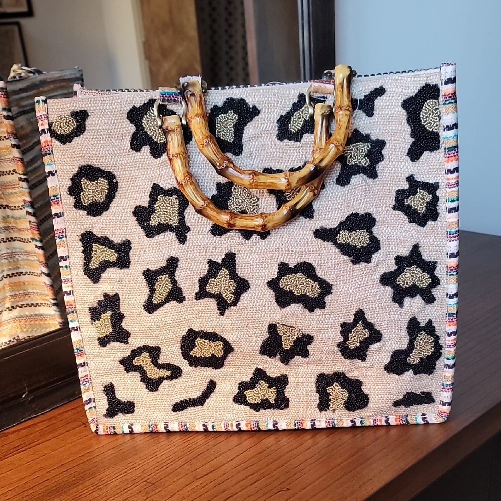 Beaded Cheetah Tan and Black Tote Bag Boho